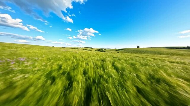 Low altitude drone flight over rolling green wheat fields and wildflowers under a bright sunny blue sky