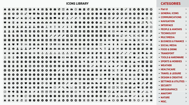 Comprehensive icons library with labeled categories for design.