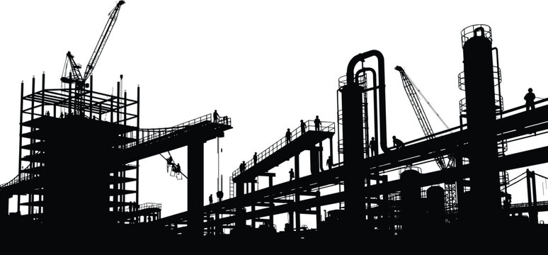 Industrial construction silhouette, cranes, scaffolding, workers, infrastructure build, factory site, black icon, vector set, flat vector, engineering scene