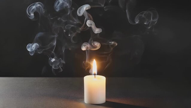 A tightly framed photographic study of a single burning wax flame demonstrating the visual effect of illumination within a simplistic aesthetic and a vast area of unoccupied darkness serving as the f