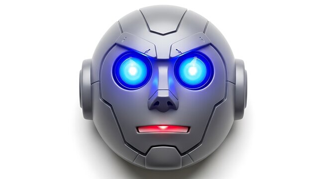 Futuristic silver robot head with glowing blue eyes