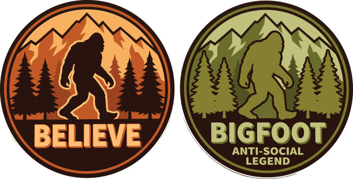 Bigfoot vector emblem badge set with sasquatch silhouette in forest mountains believe anti social legend retro design