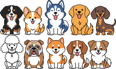 Cute Dog Breeds Vector Icon Set Featuring Husky, Bulldog, Poodle, Beagle, and Golden Retriever Cartoon Characters for Pet Designs © Lcpl