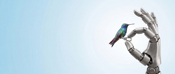 Fototapeta premium Colorful hummingbird sitting on an okay gesture sign made by a robotic hand