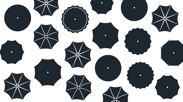 Vector black silhouette icon set featuring multiple top view umbrella canopy shapes sunshade patterns and parasol designs