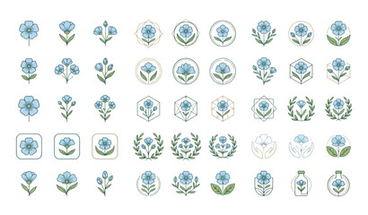 Obraz premium Flax Flower Icon Logo Vector Set with Botanical Stroke Line Design for App UI Organic Branding and Wellness Products