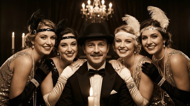A joyful group portrait of flapper girls and dapper gentlemen in a 1920s jazz age speakeasy.