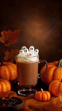 Halloween hot chocolate with ghost marshmallows and pumpkins