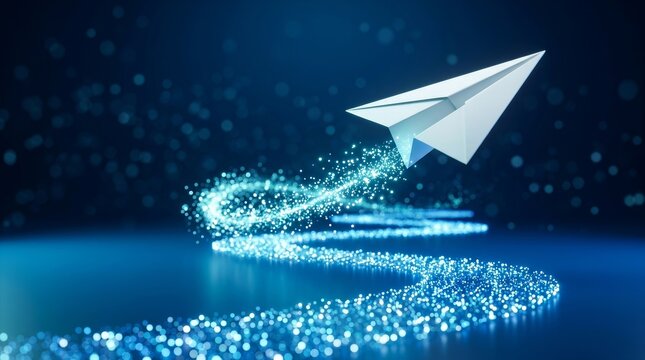 A paper airplane flying over a luminous digital path representing technology onboarding and change management.