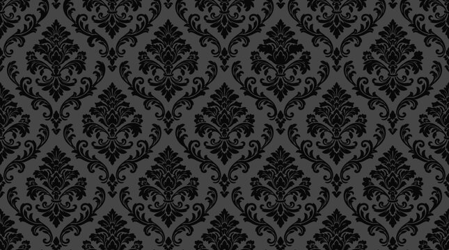 Elegant black damask seamless floral pattern background.