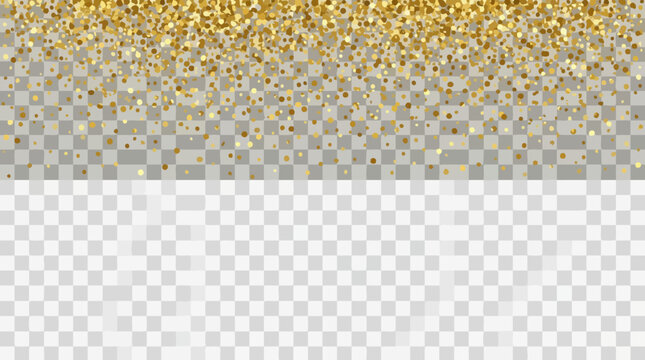 Falling gold glitter particles gradient on transparent background.