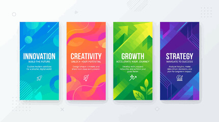 Four colorful business banners for innovation creativity growth and strategy. © Wijaksono