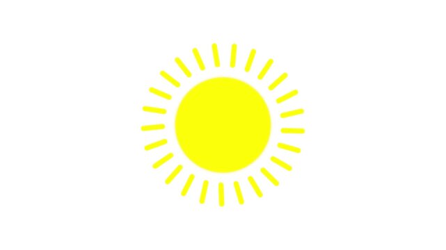 yellow sun rotating rays. sunlight spinning around hot summer symbol isolated on white background 4k video animation. animated sun rotation