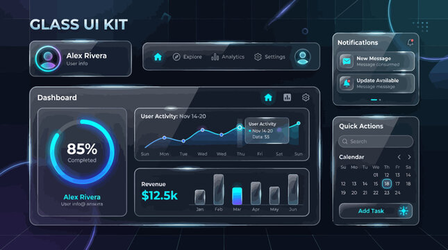 Futuristic glass UI dashboard with financial charts and data.