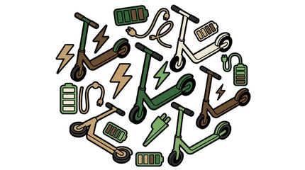 Obraz premium Electric Scooters and Accessories in a Circle Illustration Style Illustration