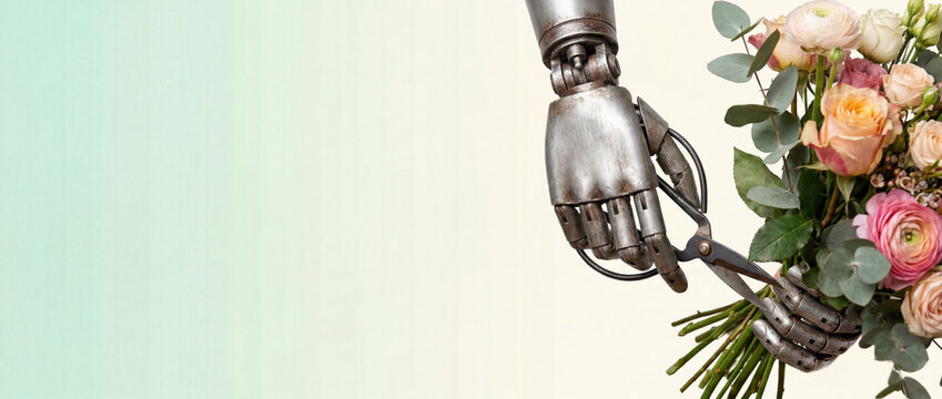 Two robotic hands cutting flower bouquet stems with scissors on creative background