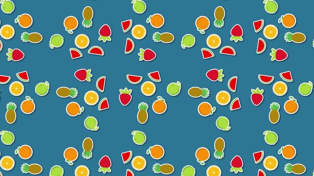 Playful And Vibrant Seamless Repeating Pattern Of Cartoon Fruit Stickers Including Orange Slices, Strawberries, Watermelon, And Pineapples With White Outlines On A SOLID Blue Background, Bright Flat