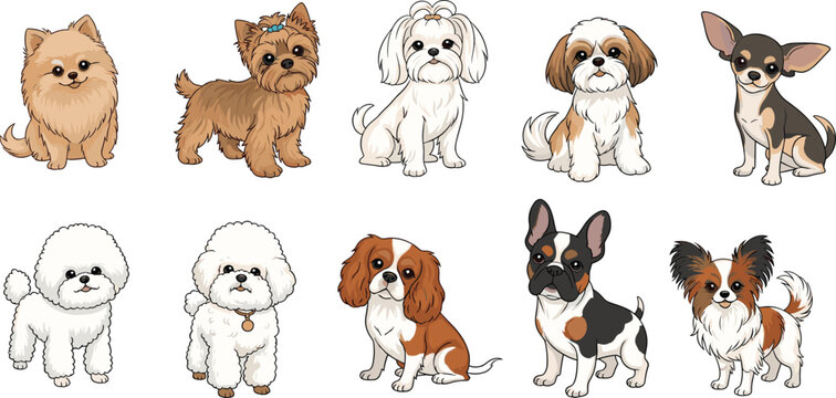 Cute Small Dog Breeds Vector Icon Set Featuring Pomeranian, Chihuahua, Bulldog, Poodle, and Spaniel Cartoon Characters for Pet Lover Designs