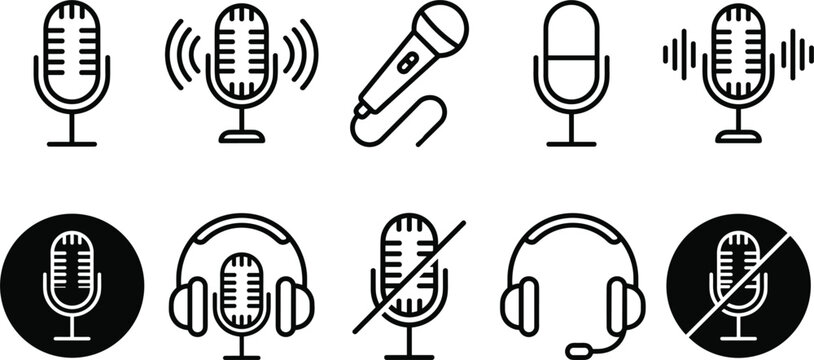 Microphone and headset line icon set for podcast recording studio audio broadcasting and multimedia isolated on white background