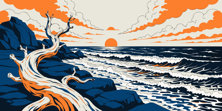 Illustration of a tree on a cliff with a sunset over the ocean waves sky with clouds rocky cliff nature illustration landscape art illustration landscape seascape background
