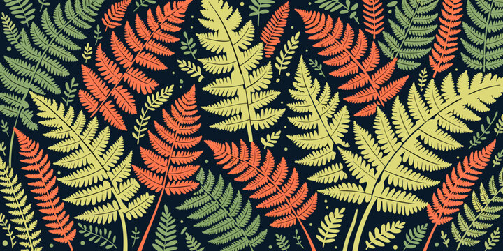 Colorful fern leaf pattern on dark background with background botanical illustration vegetation wallpaper