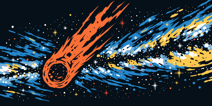 Colorful illustration of a comet streaking through space with a bright tail shooting star solar system milky way astronomy celestial universe asteroid constellation luminous illuminated