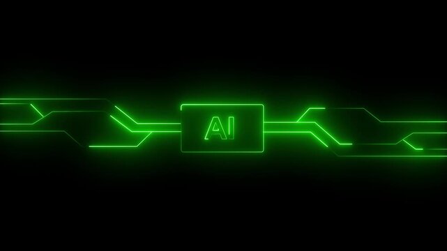 Artificial intelligence logo glows with green neon lines in a digital circuitry style on a dark background as a symbol of advanced machine learning technology systems for modern software development.