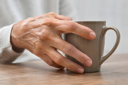 Close-up of an adult hand showing subtle difficulty gripping a coffee mug, representing early neurological symptoms, muscle weakness, reduced hand strength and neurodegenerative disease awareness.