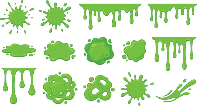 Green Slime Vector Icon Set Featuring Isolated Dripping Goo, Toxic Spills, Mud Splatters, and Liquid Drops for Halloween and Video Game Graphic Designs