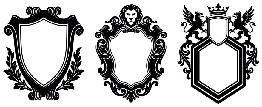 Set of three ornate heraldic shields with lion and griffin crests for royal design work.