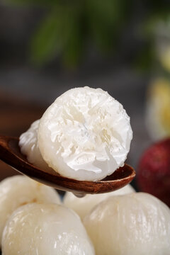 Fresh White Lychee Fruit on Wooden Spoon, Hainan