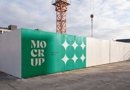 Construction Site Hoarding Wall Mockup with Crane Background