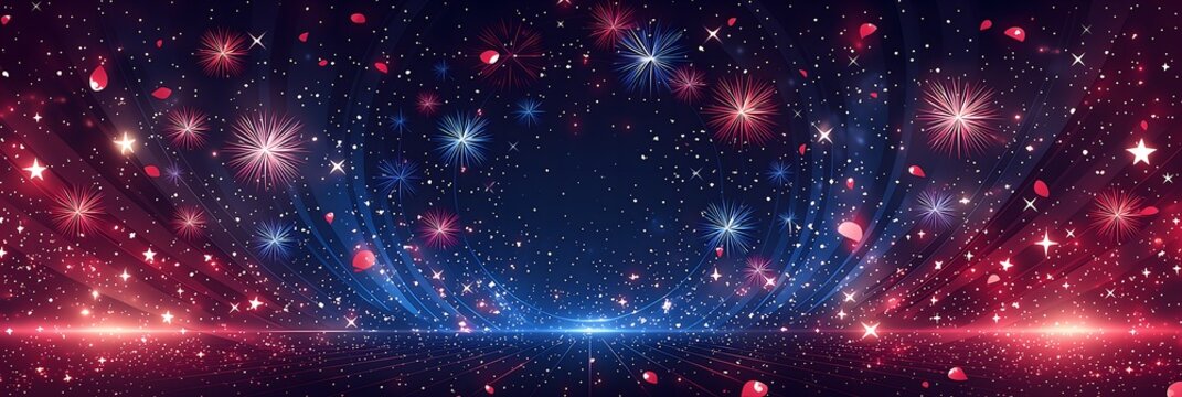 Wide panoramic festive stage tunnel header with vibrant red blue fireworks, shimmering stars and drifting rose petals, gala music festival award ceremony display backdrop,spanish soccer