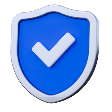 Blue 3D shield icon with a white checkmark for security and verification concepts