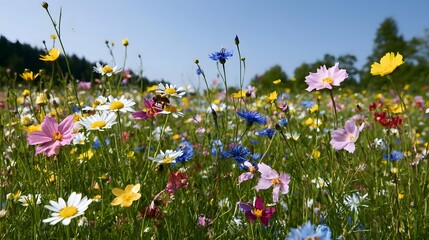 Obraz premium A vibrant wildflower meadow is filled with buzzing bees under a clear sunlit sky