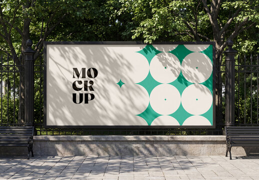 Outdoor City Park Billboard Mockup with Bench and Fence Background