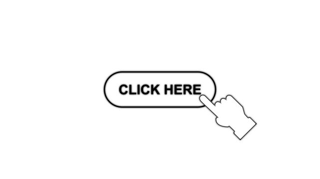 A click here button label with a cursor arrow icon in outlined style on white background for web ui interaction