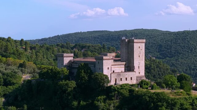 Rocca Albornoziana Narni Italy 4K Aerial. Drone 70mm close up flight to medieval fortress castle towers. One of most beautiful villages historic stronghold details. Green hills background asset