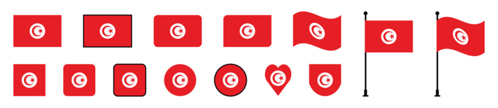 Tunisia Flag Tunisia National Flag icon Collection with Flat Rounded Square Circle Heart Shield Waving and Flagpole Variations vector illustration