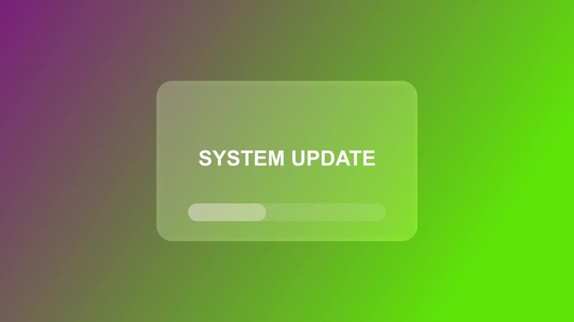 A system update notification with a blue progress bar is displayed inside a sleek glass card on a dark background for a high tech interface look