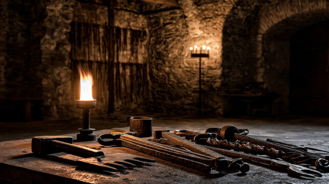 blacksmith. An empty stone chamber with torchlight on ancient metal tools, dramatic shadows. real-estate listings.