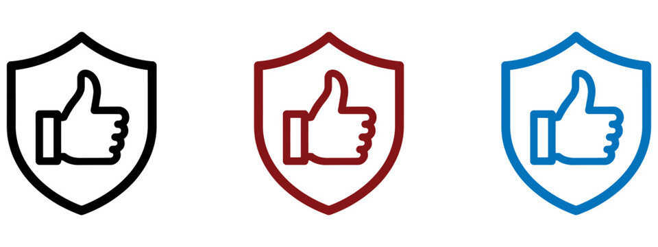 Set of three shield icons with thumbs up symbols representing security and positive feedback.