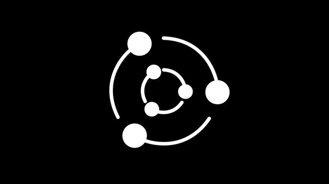 A minimal circular orbit icon with multiple dots or nodes connected by lines representing network relationships sharing ecosystem or satellite system concepts.