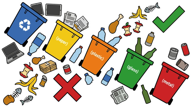 Colorful recycling bins with sorted waste materials