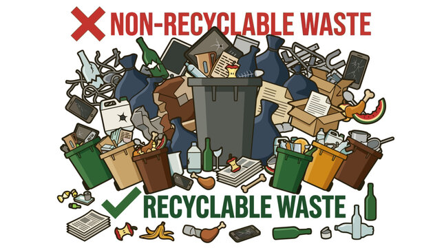 Separation of Non-Recyclable and Recyclable Waste Items in Flat Design Illustration