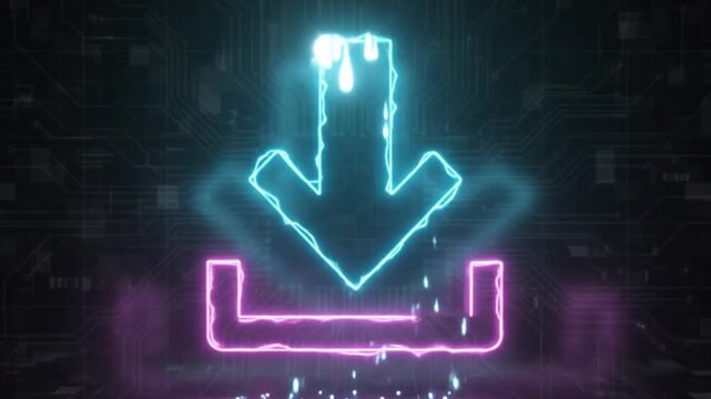 Neon download icon with glowing electric effect on digital background