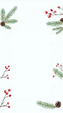 Festive Christmas border with pine branches and red berries