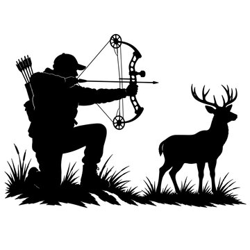 Hunter aiming with bow at deer in nature silhouette