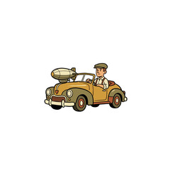 Retro Mustard‑Yellow Roadster Convertible Driven By A Gentleman In A Flat Cap, Transporting A Miniature Zeppelin Model, Perfect For Travel And Vintage Themes, Vector Illustration © enola