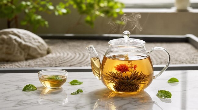 Blooming Flower Tea in Glass Teapot on Marble Table Zen Background